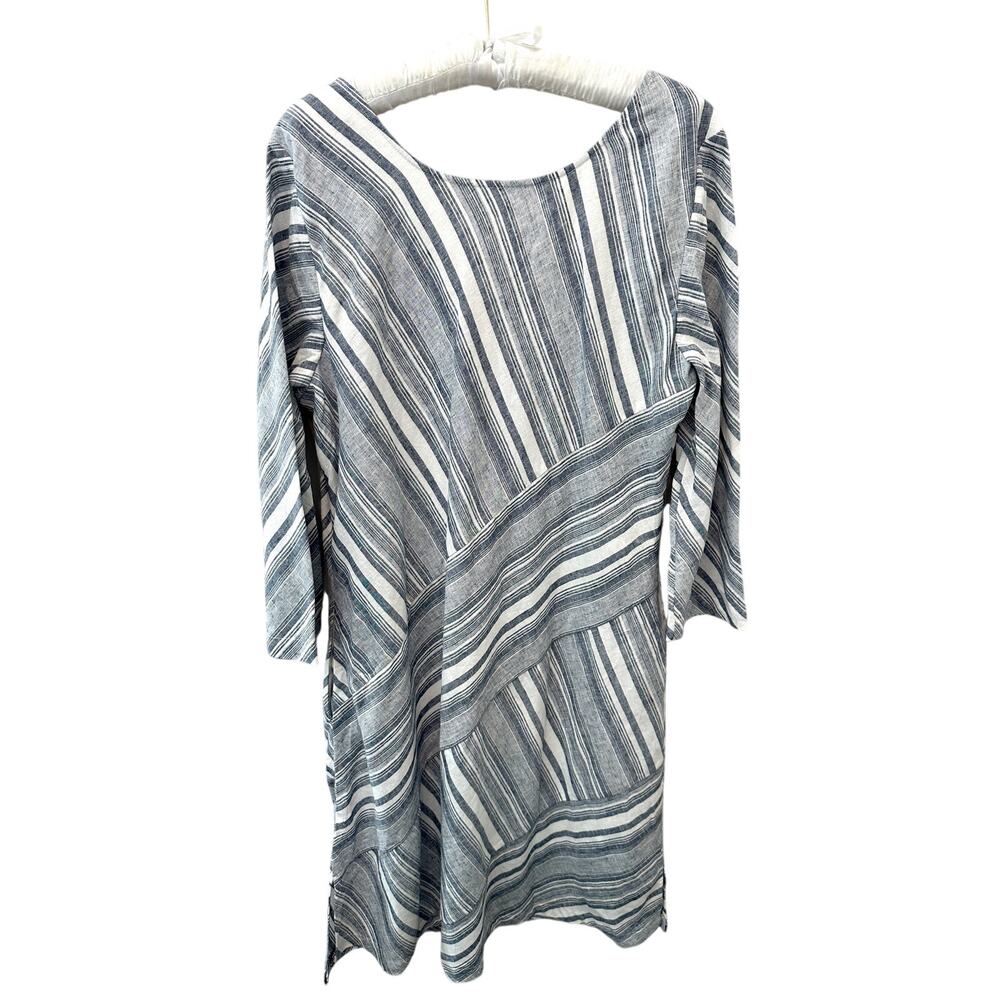 SOFT SURROUNDINGS | Linen Blend Striped Blue White Scoop Neck Dress | Large - Picture 6 of 8